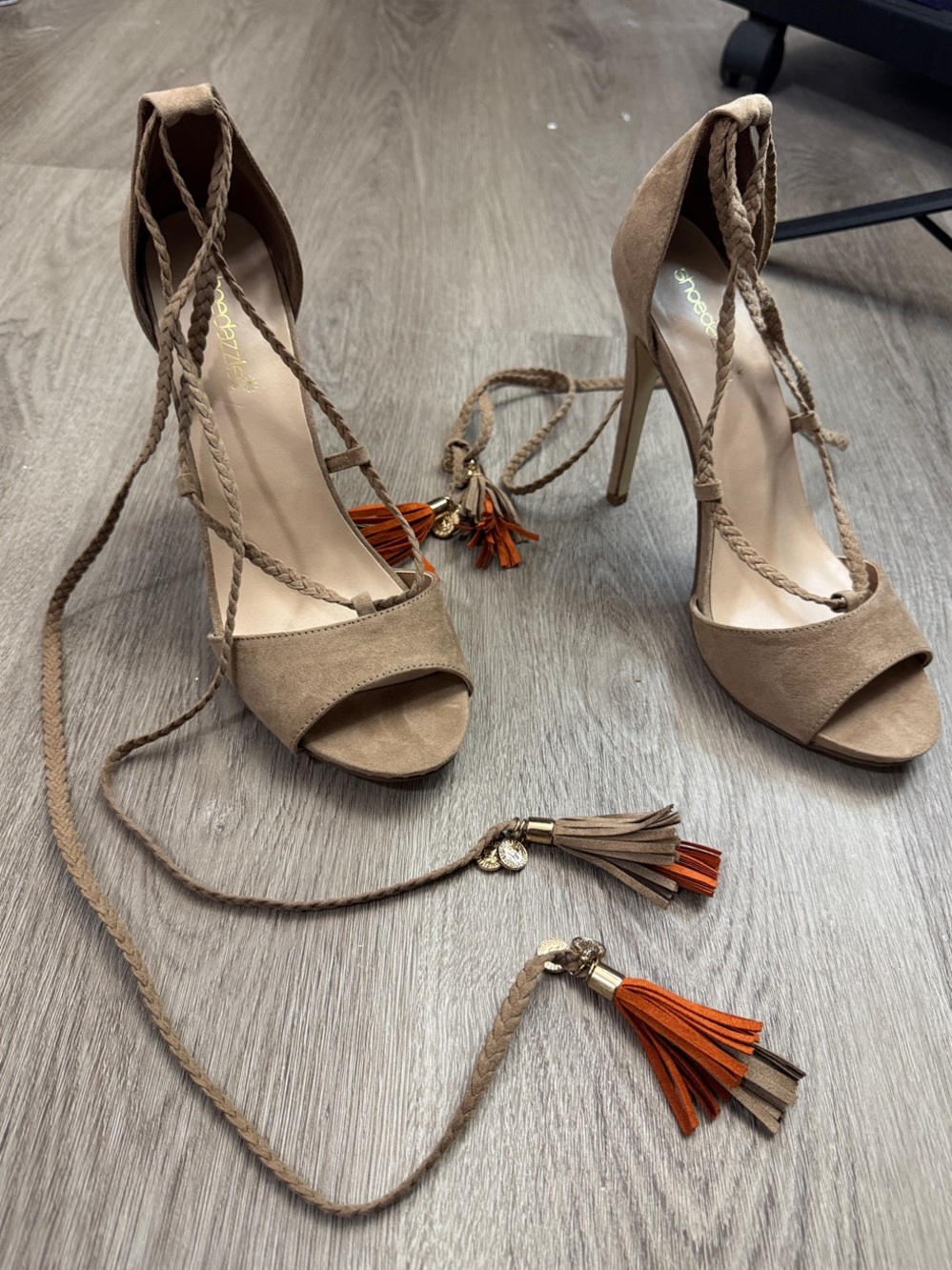Shoe Dazzle Taupe Suede Braided Lace-Up High Heel Sandals with Orange Tassels